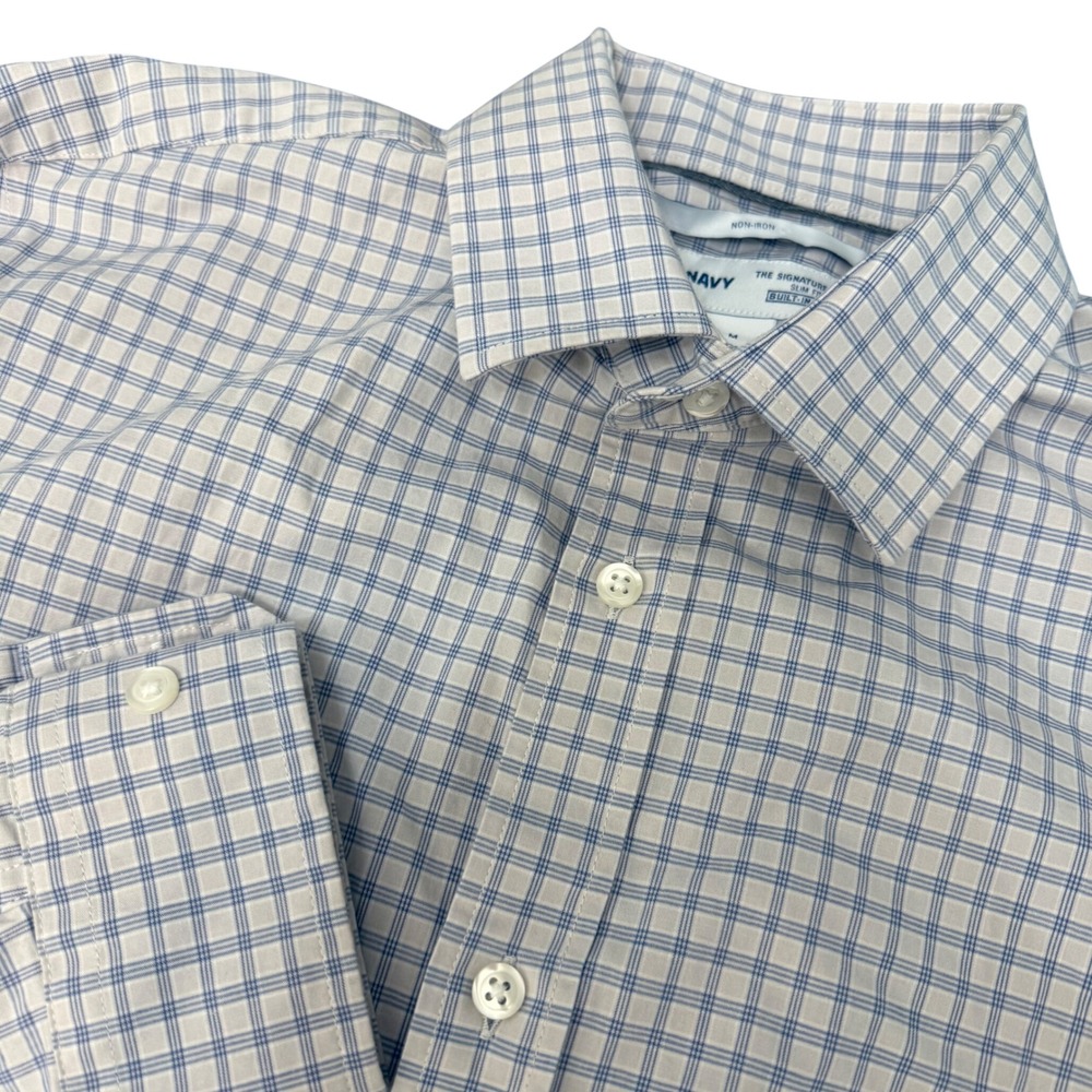 Old Navy Mens Signature Slim Fit Non-Iron Plaid Button‎ Down Shirt Grey Blue M